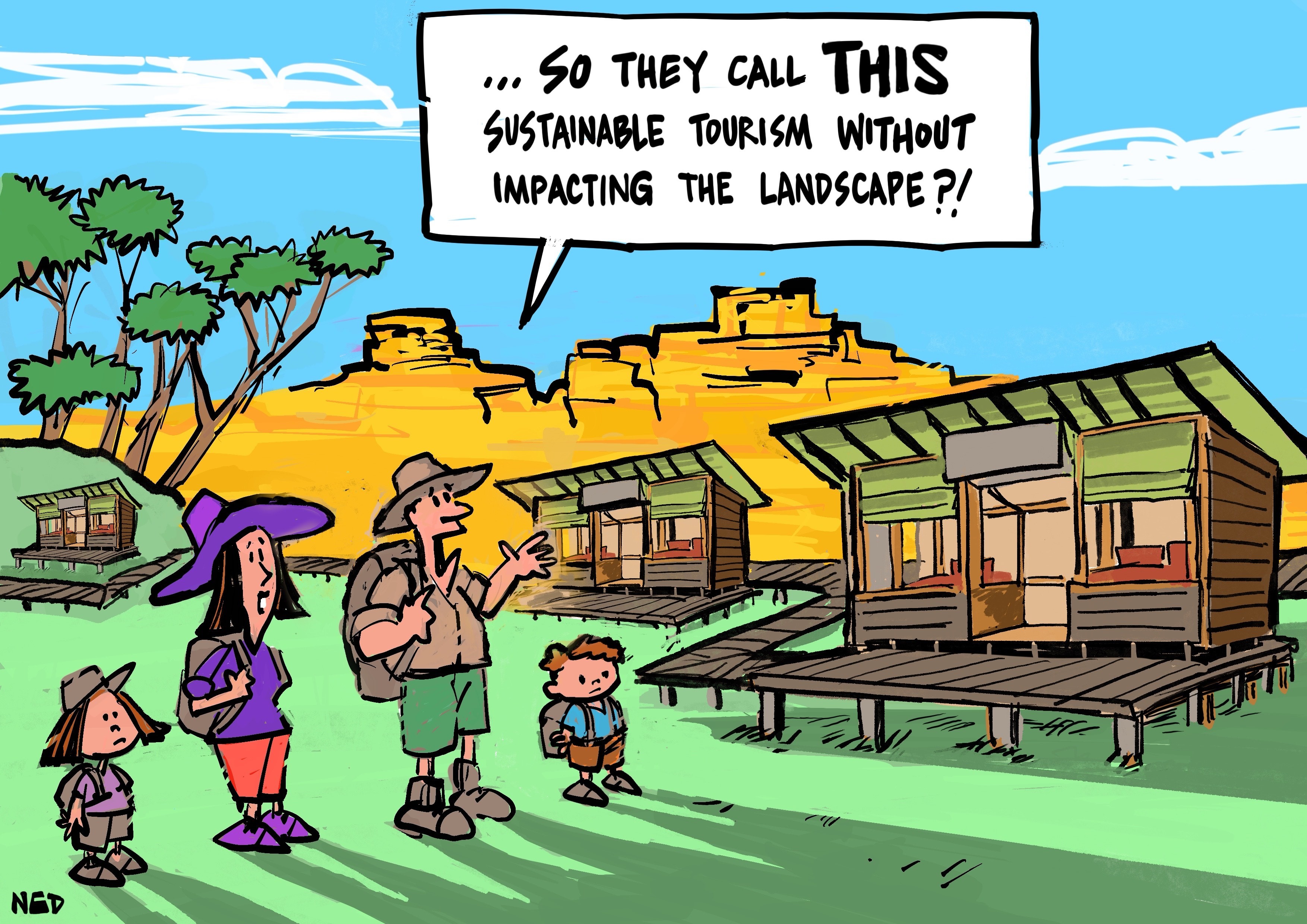 Cartoon of cabins in a pagoda landscape by Ned Toons