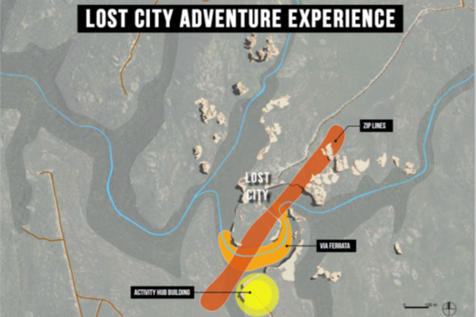 Adventure facilities and building in middle of Lost City view – NPWS illustration from the tourism EoI