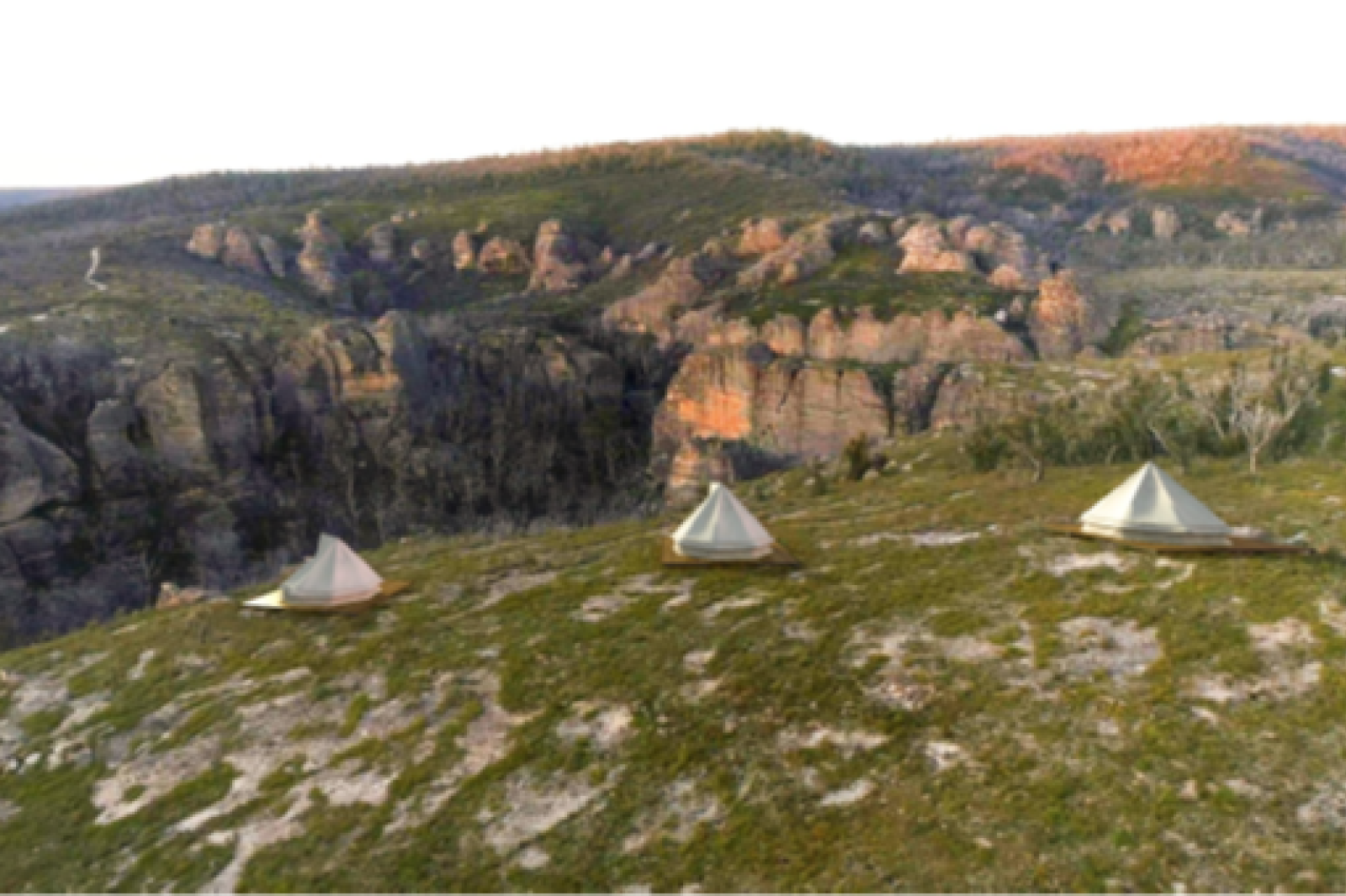 Glamping huts on an outstanding pagoda landscape – NPWS illustration from the tourism EoI