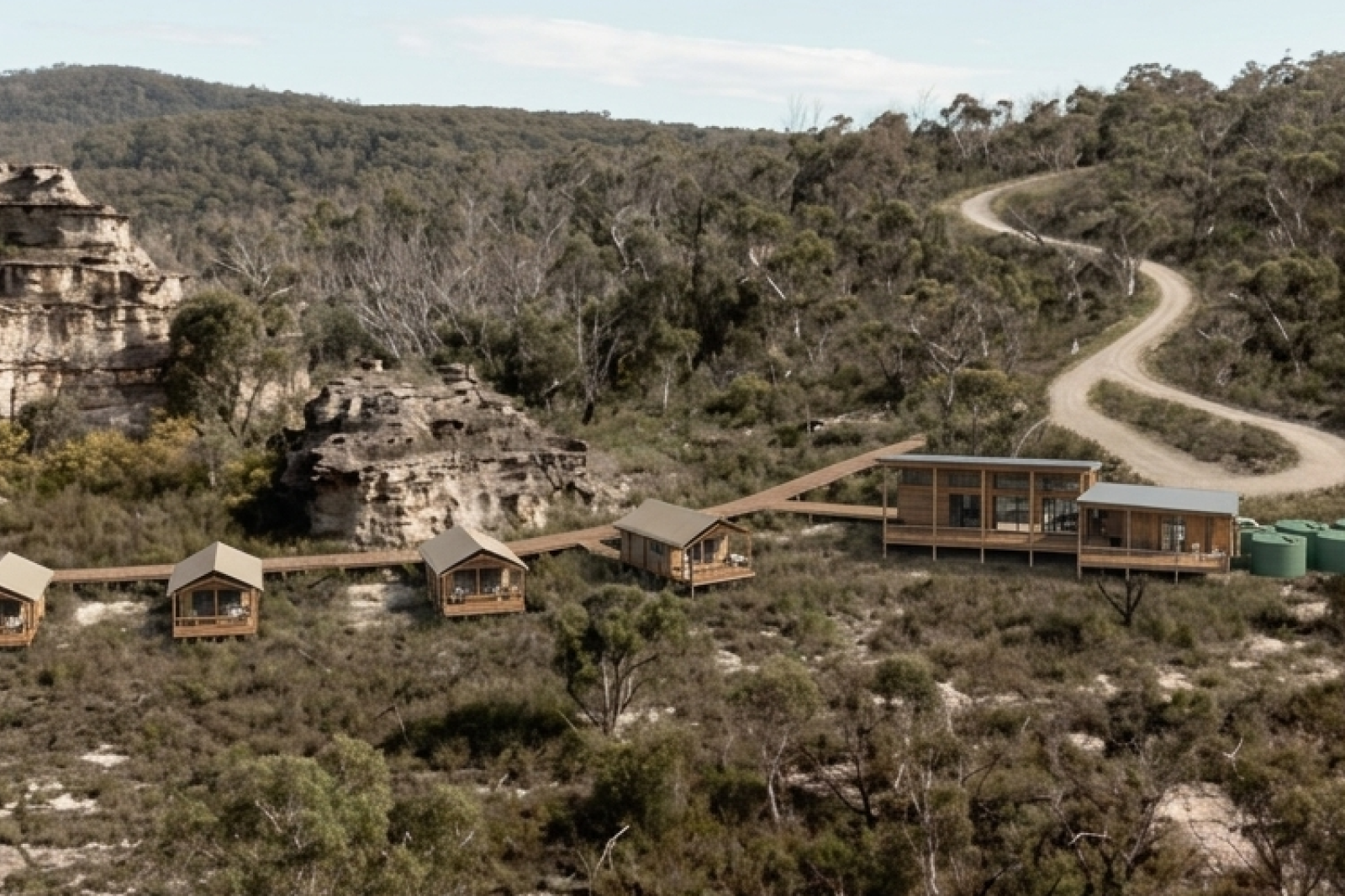 AI generated image of glamping resort with new access road bulldozed to site 2 