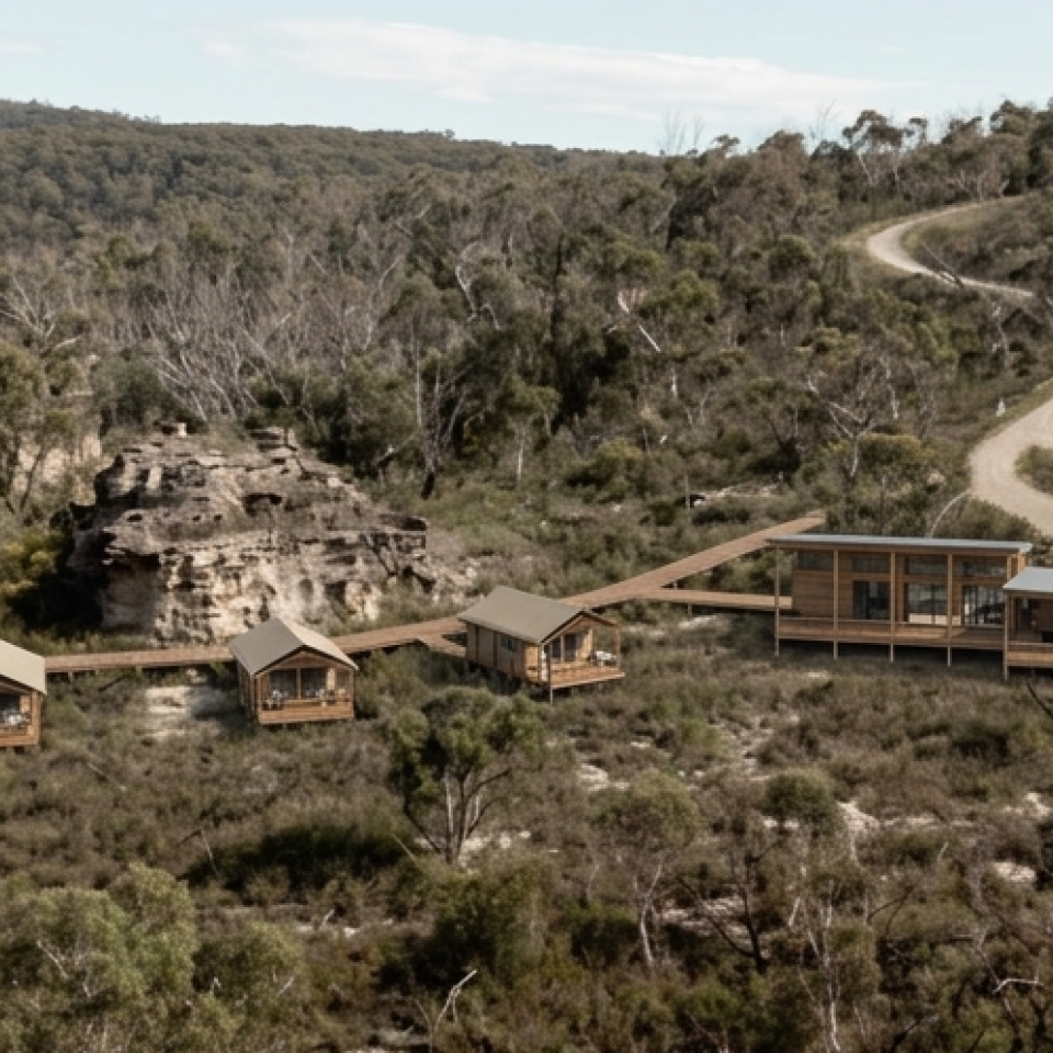 AI generated image of glamping resort with new access road bulldozed to site 2 