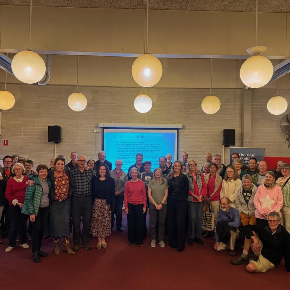 A united front: Concerned citizens, scientists, and Parliamentarians gather behind the unanimous resolution passed last night in Katoomba, demanding the NSW Government protect the rare pagoda landscapes of the Gardens of Stone from commercial development.