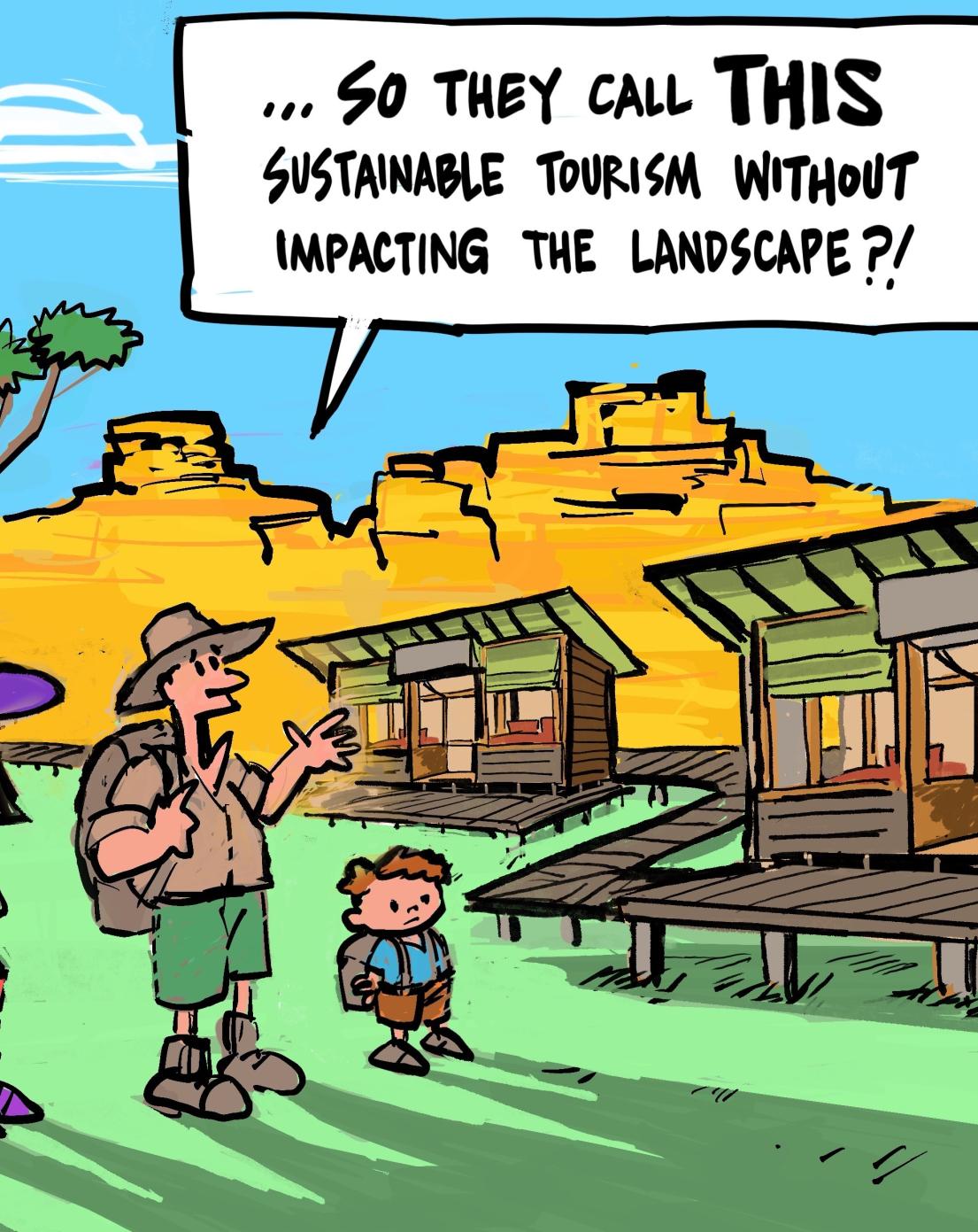 Cartoon of cabins in a pagoda landscape by Ned Toons